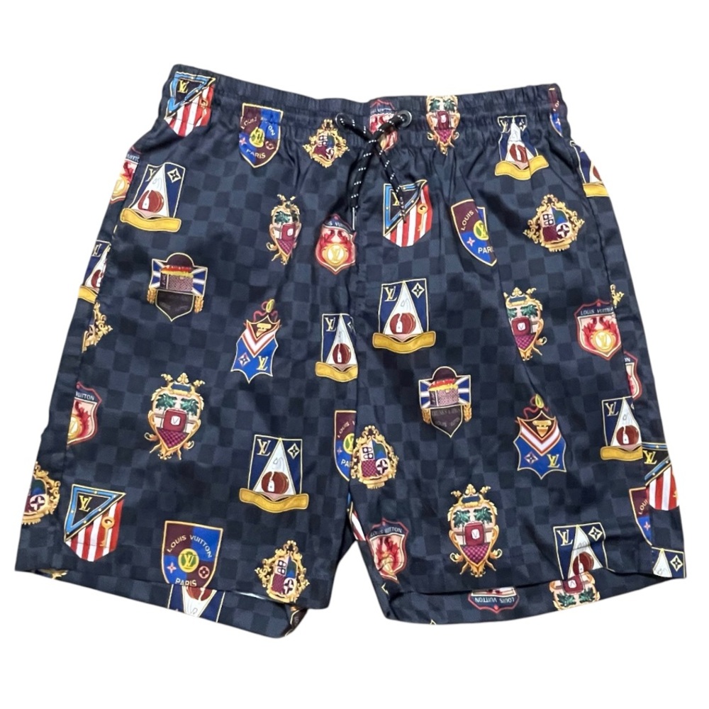 Louis Vuitton LV Swim Trunk Shorts Crest Monogram AOP Tie Navy Blue Size XL Men